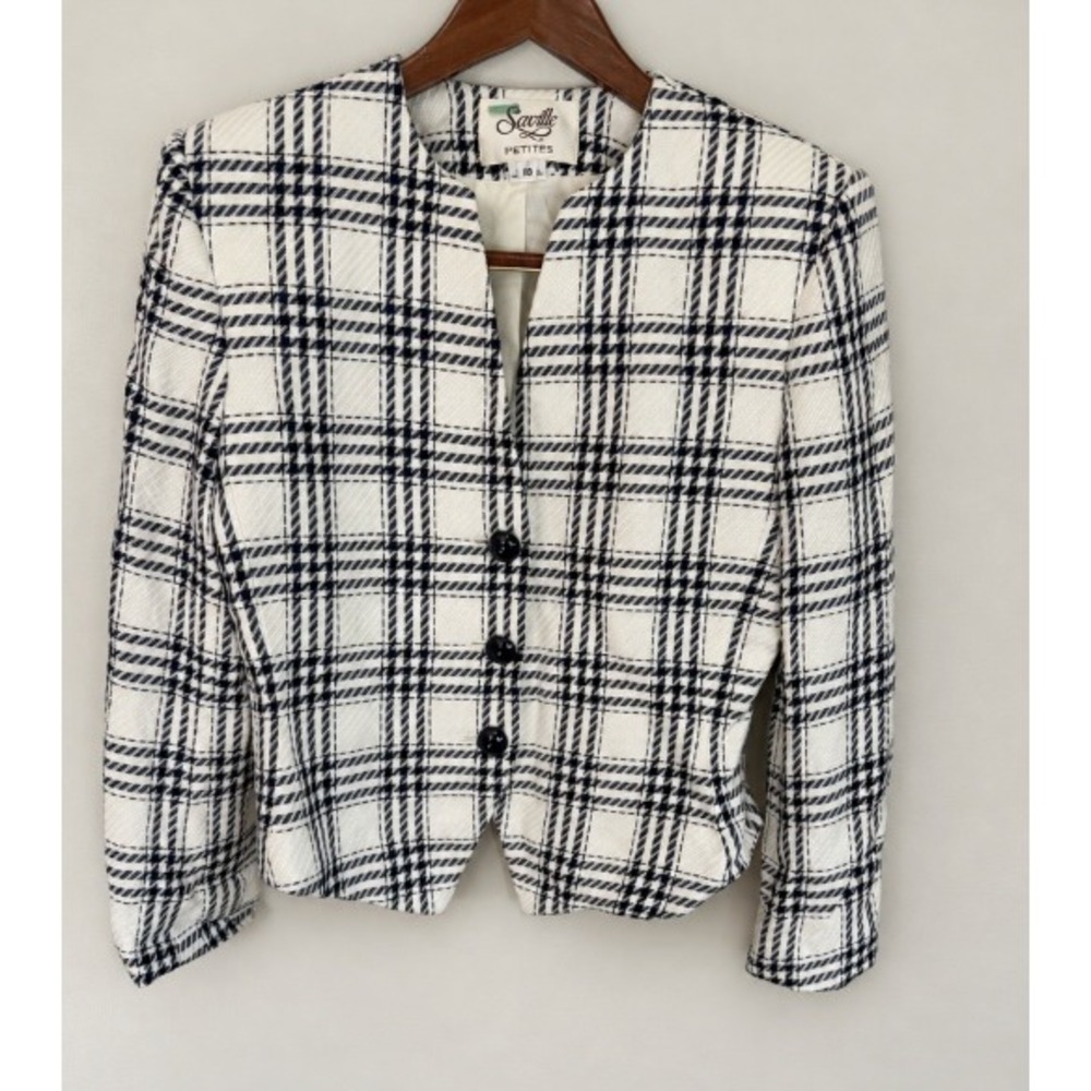 Saville Petites VTG Black Plaid Collarless Blazer Jacket Made in USA Size 10P